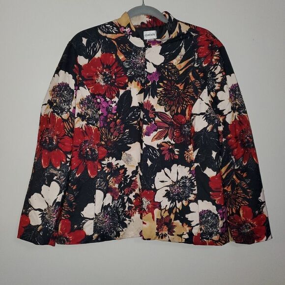 CHICO'S FLORAL PRINT SEQUIN BEADED JACKET SIZE 3 (16/18) - Picture 1 of 6